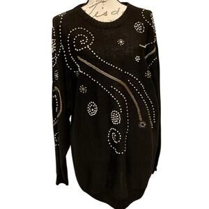 Vintage 90s Victoria Harbour Black Crewneck Sequined Oversized Knit Sweater Sz M